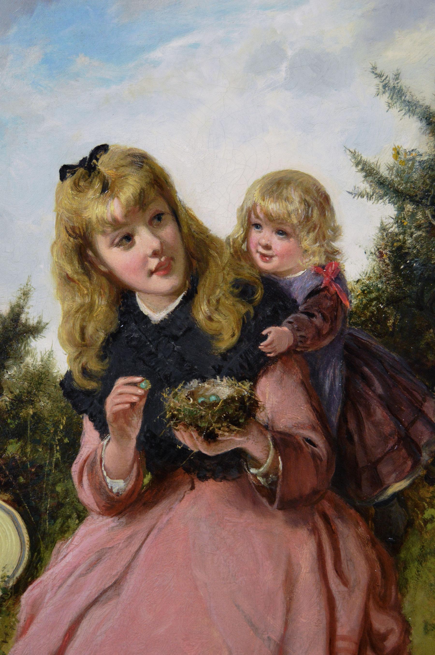 19th Century genre oil painting of two girls with a bird’s nest - Victorian Painting by Edward Charles Barnes