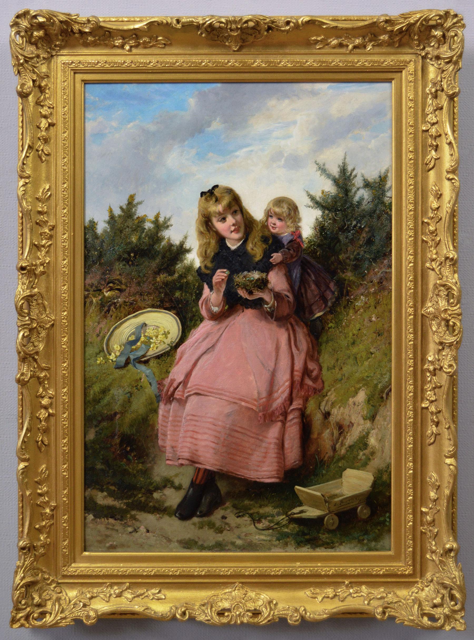 Edward Charles Barnes Portrait Painting - 19th Century genre oil painting of two girls with a bird’s nest