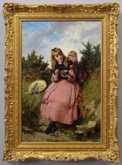 Peinture à l'huile de genre du 19e siècle représentant deux jeunes filles avec un nid d'oiseau