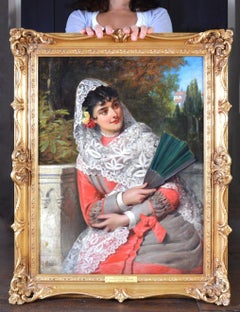 Pintura al Óleo del Siglo XIX Retrato de Hermosa Niña Española en Verano Andalucia