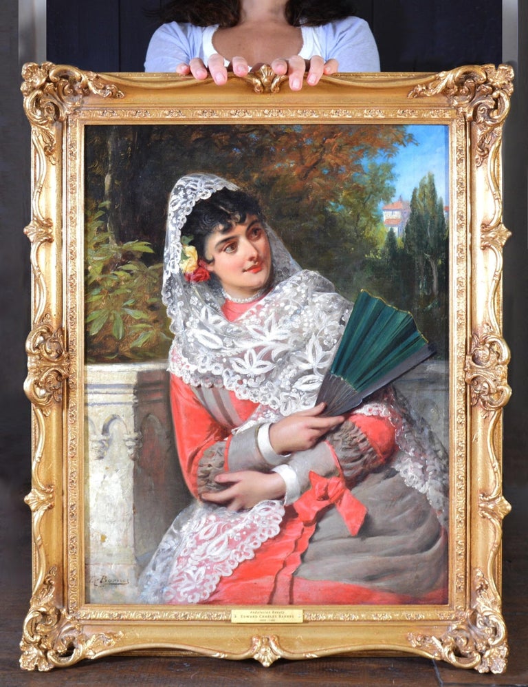 Edward Charles Barnes Figurative Painting - Andalusian Beauty - 19th Century Oil Painting Portrait of Spanish Girl 