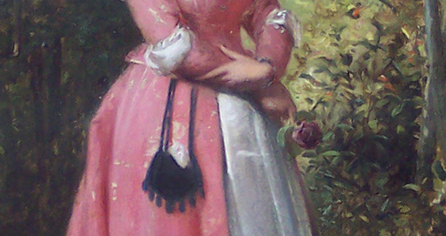EDWARD BARNES Femme victorienne dans un jardin avec perroquet 19e siècle huile sur toile anglaise en vente 2