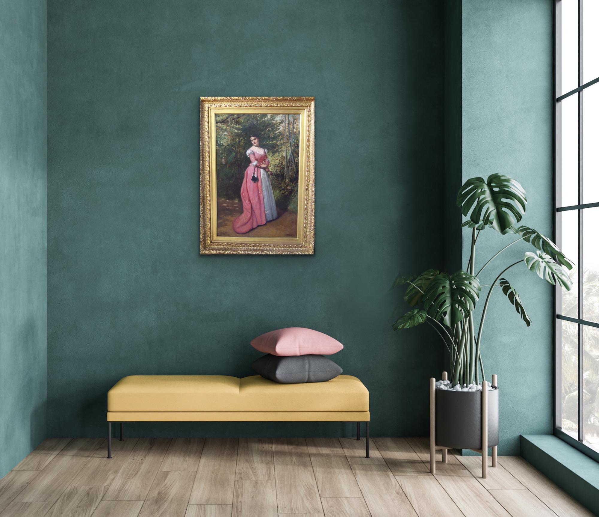 EDWARD BARNES Femme victorienne dans un jardin avec perroquet 19e siècle huile sur toile anglaise en vente 5