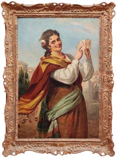 La carte de chance, femme italienne tenant des cartes, portrait intéressant des années 1880, inhabituel