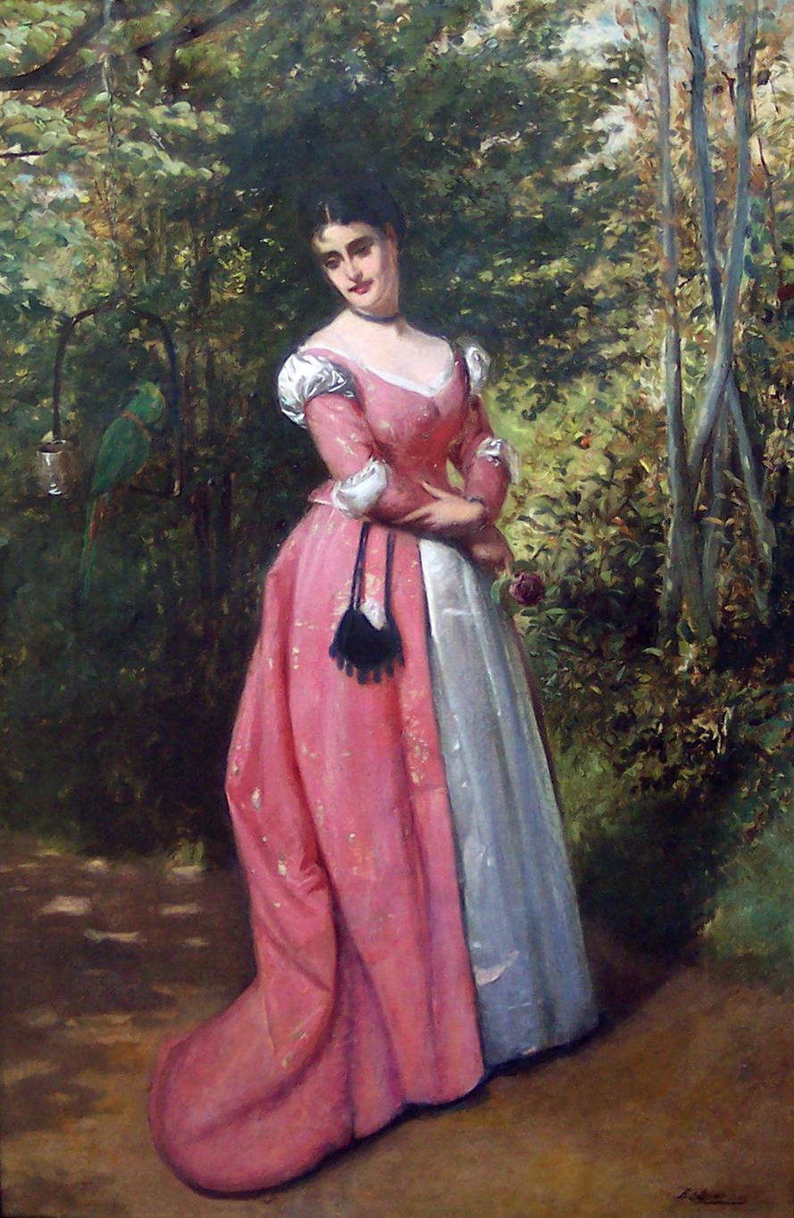 Viktorianische Frau im Garten, die einen Papagei bewundert, 19. Jahrhundert, englisches Ölgemälde im Angebot 1