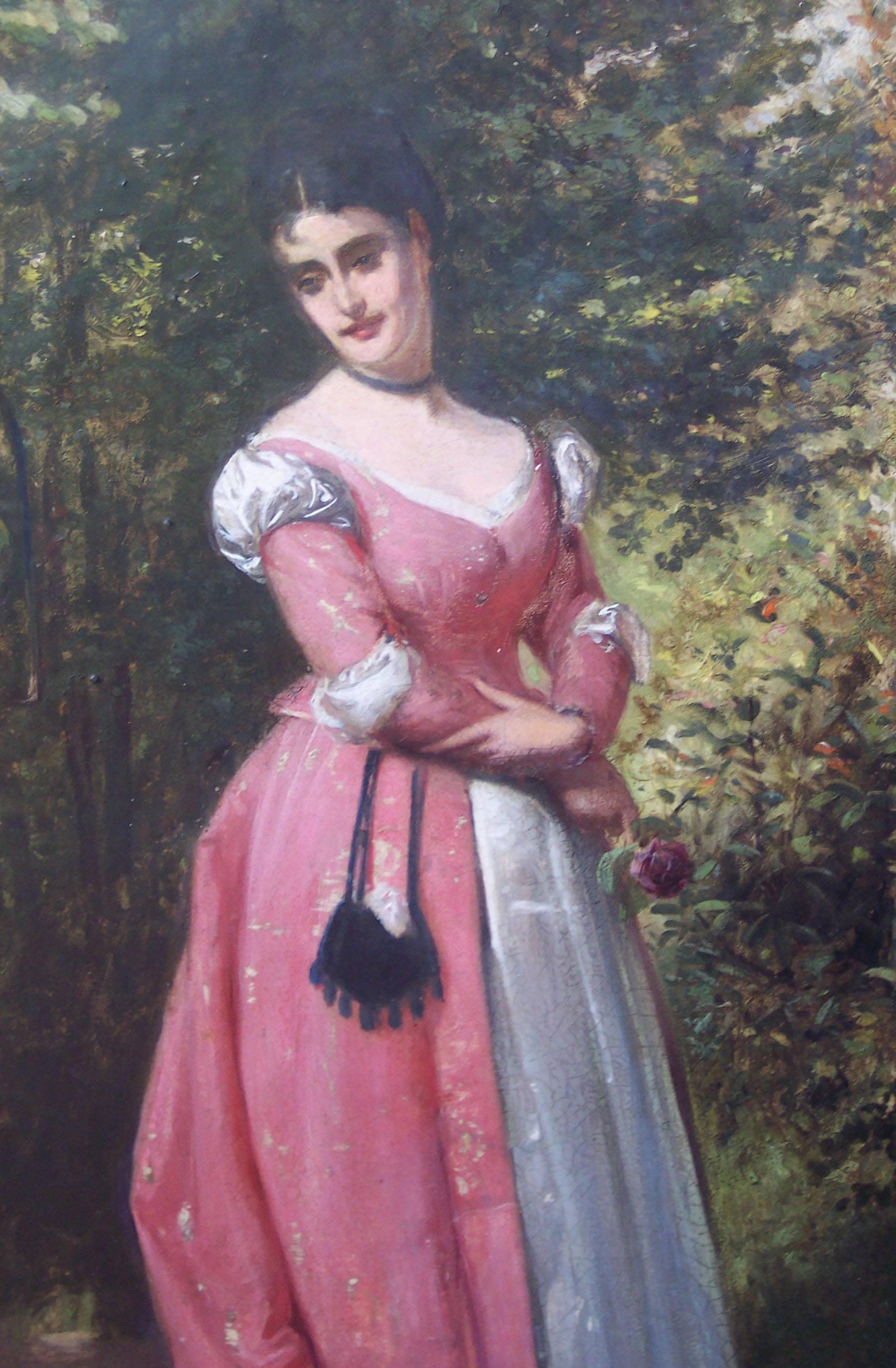 Femme victorienne debout dans un jardin admirant un perroquet 19e siècle, peinture à l'huile anglaise en vente 3