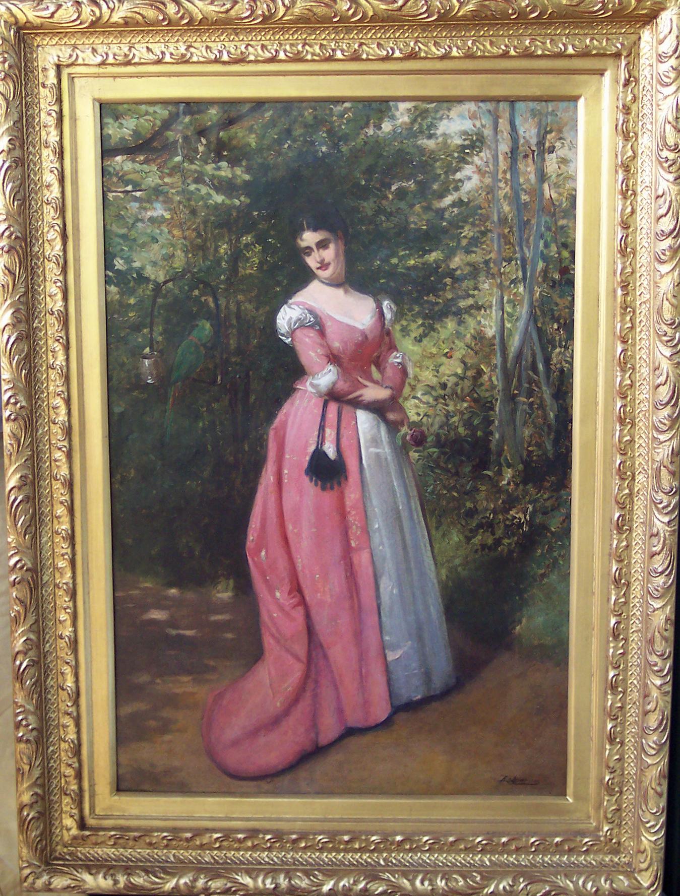 Victorian Woman Standing in Garden Admiring a Parrot 19th c English oil painting