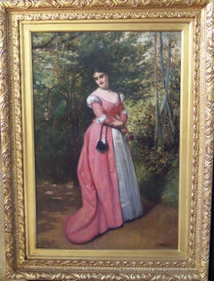 Victorian Woman Standing in Garden Admiring a Parrot