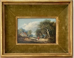 Early Victorian English cottage landscape with a figure with, oak, willow trees