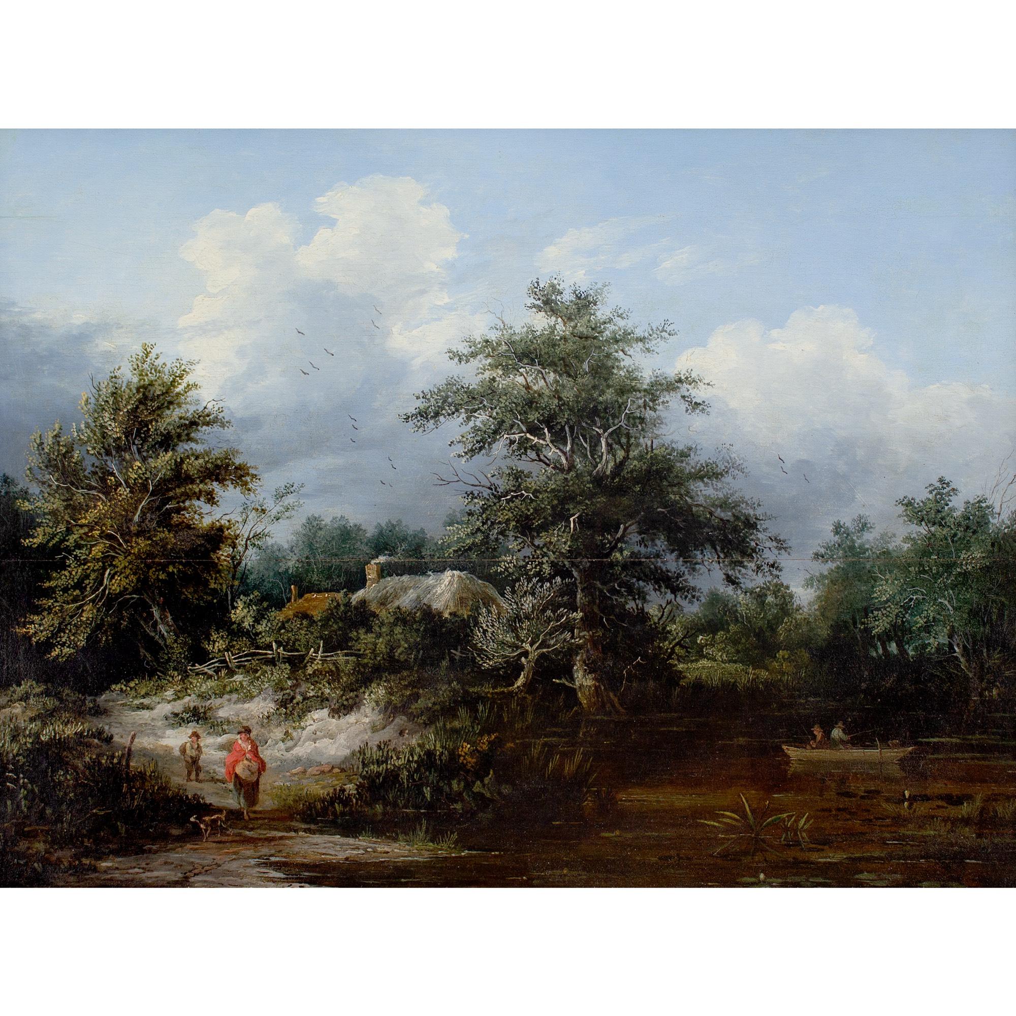 Edward Charles Williams (Attributed) Wooded River Landscape With Cottage, Fisher For Sale 1