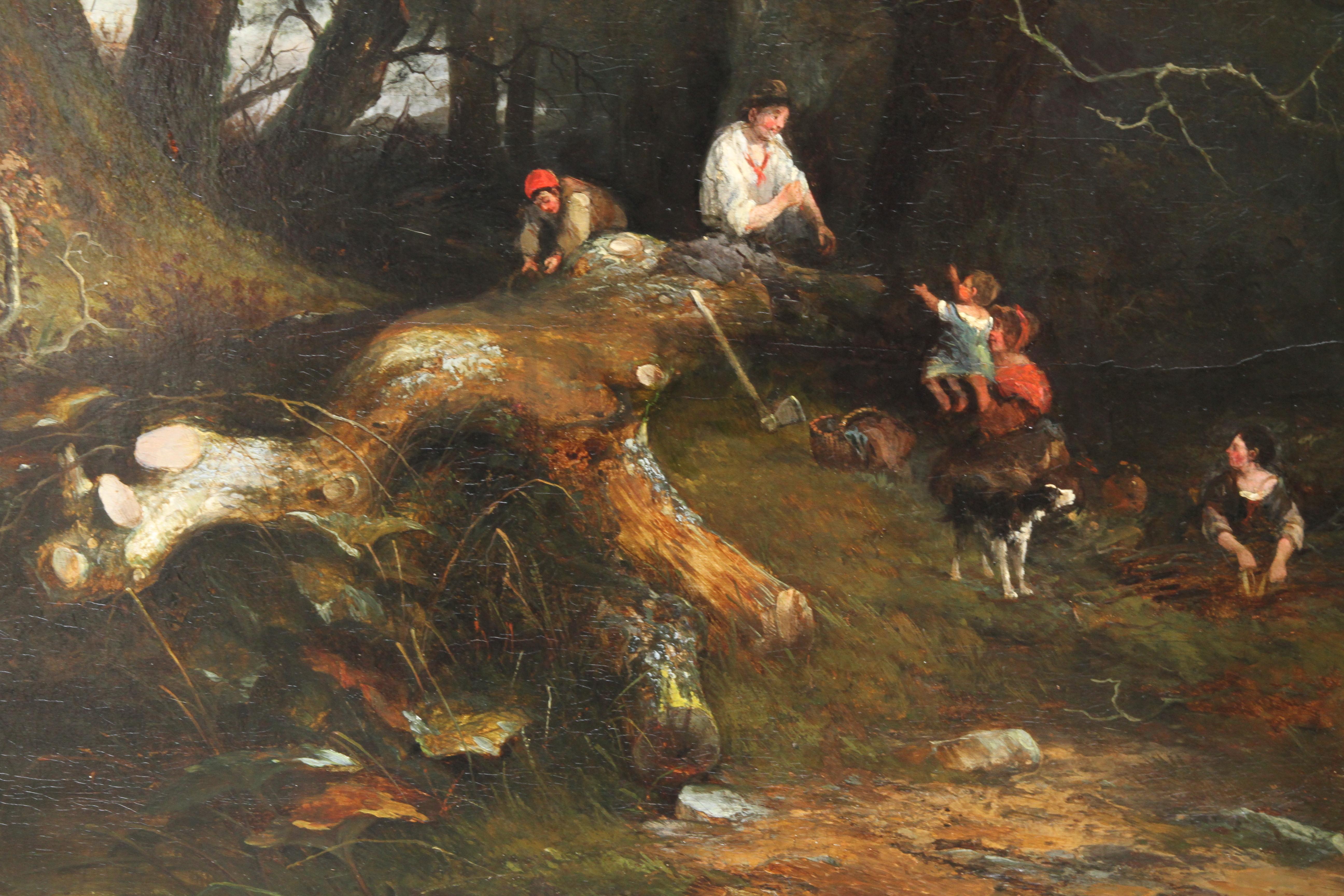 This lovely British Victorian oil painting is by Edward Charles Williams of the Williams Family of artists and related to George Morland. The painting is a figurative landscape entitled the Woodman's family and entails five figures and a dog