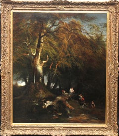 Antique The Woodman's Family in a Landscape - British 1869 Victorian art oil painting