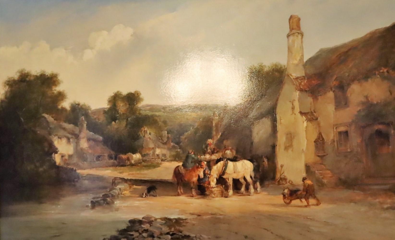 Village Scene with Horses Watering 1807-1881 - Painting by Edward Charles Williams