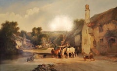 Antique Village Scene with Horses Watering 1807-1881