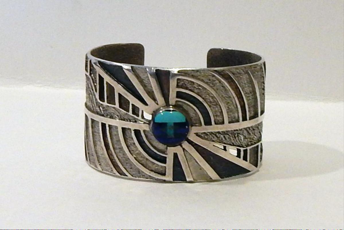 Silver Edward Charlie Navajo Jeweler, Sterling Bracelet with Lapis and Turquoise