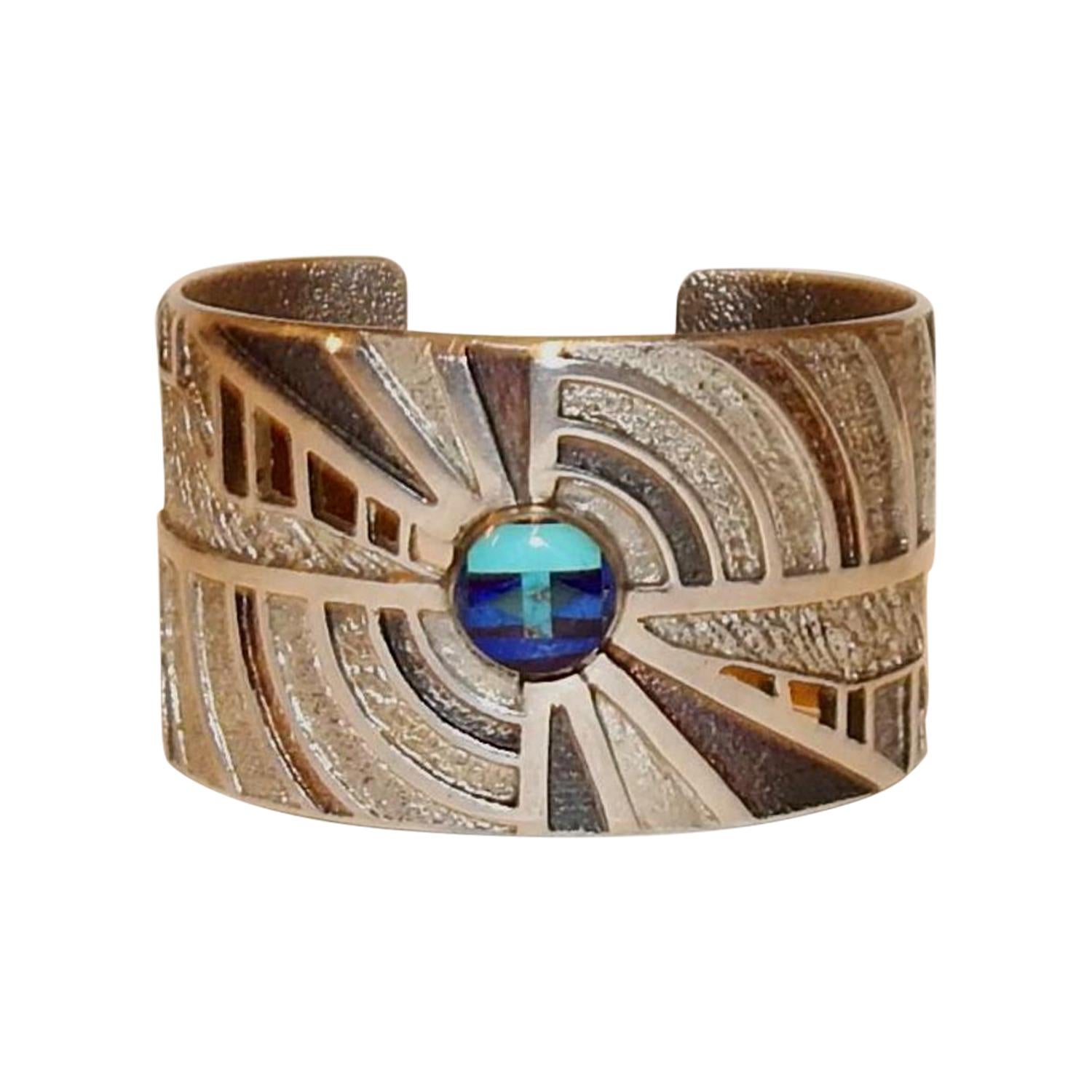 Edward Charlie Navajo Jeweler, Sterling Bracelet with Lapis and Turquoise