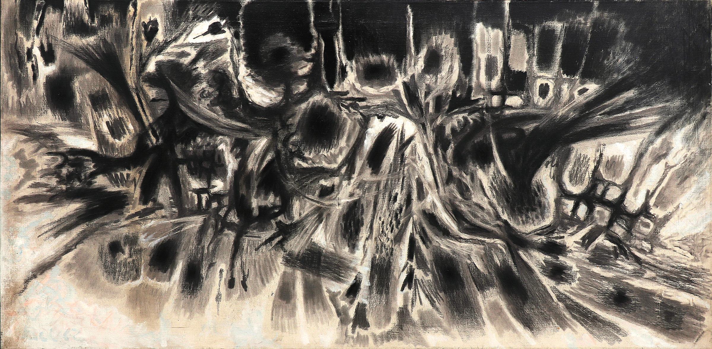 Minimalistisches Schwarz-Weiß-Abstraktes Ölgemälde von Edward Chavez, Mid-Century, 1970er Jahre im Angebot 1