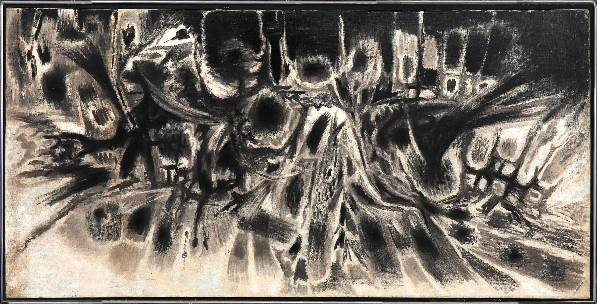 Dieses beeindruckende abstrakte Ölgemälde in Schwarz-Weiß wurde um 1975 von dem berühmten amerikanischen Modernisten Edward (Eduardo) Arcenio Chavez (1917-1995) geschaffen. Die kühn in Schwarz-, Grau- und Weißtönen gehaltene Komposition