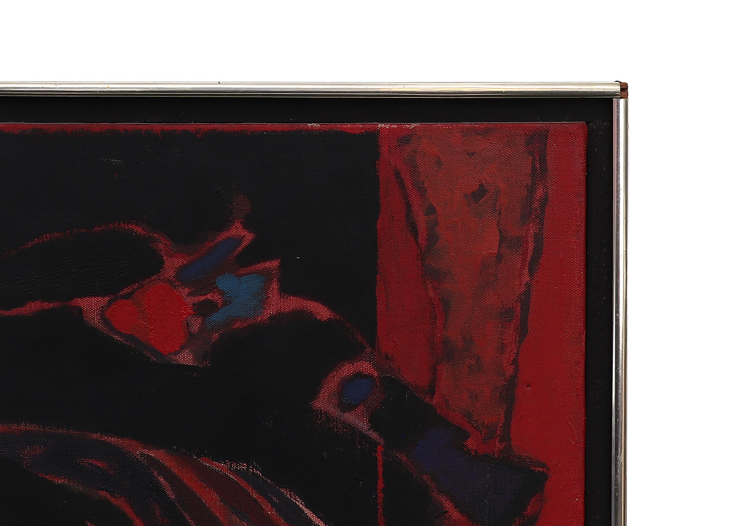 Pittura ad olio astratta della metà del secolo scorso con motivo di uccelli, nero rosa rosso blu in vendita 6