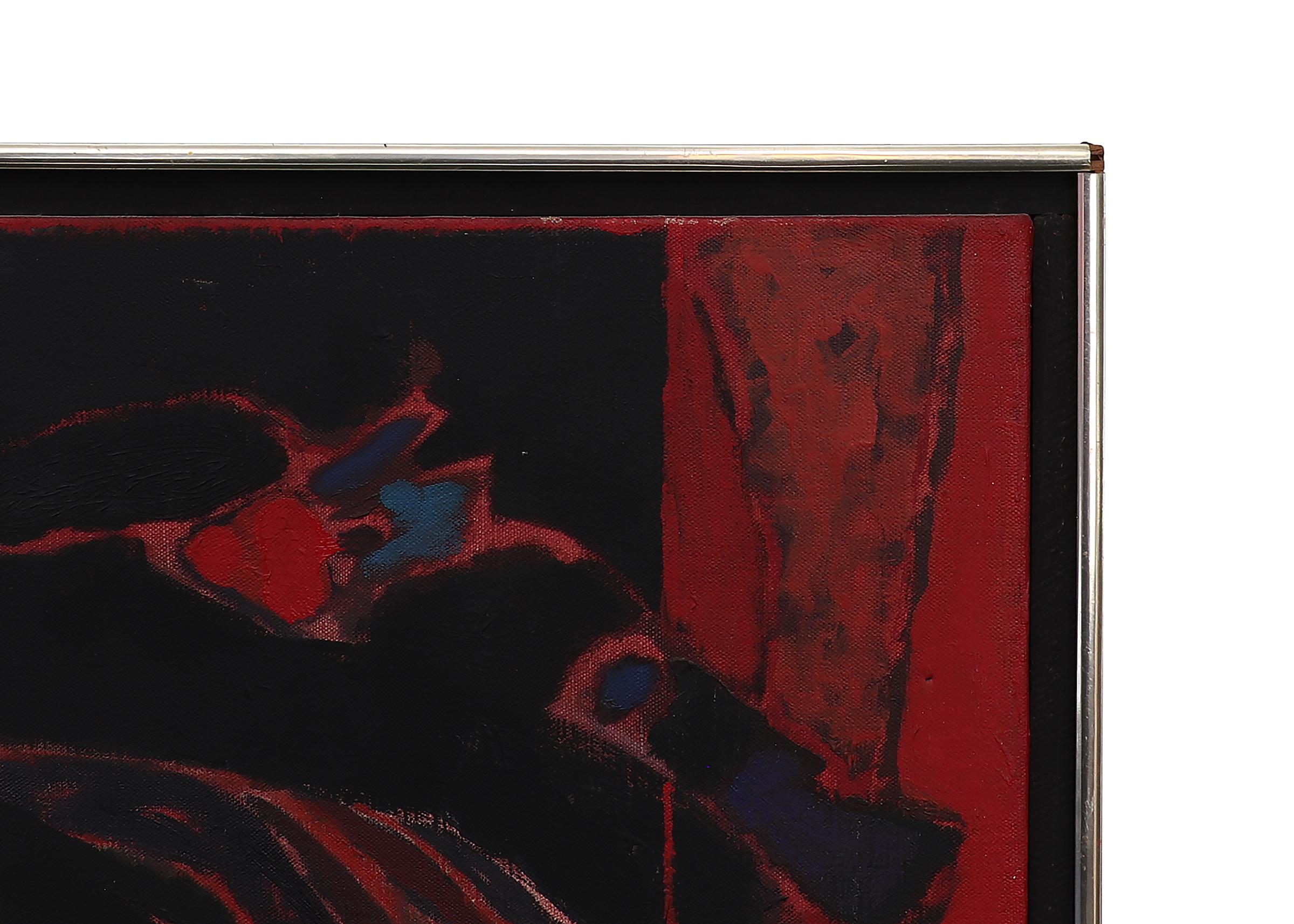 Peinture à l'huile abstraite avec un motif d'oiseau par Edward Chavez, noir rose rouge bleu en vente 10