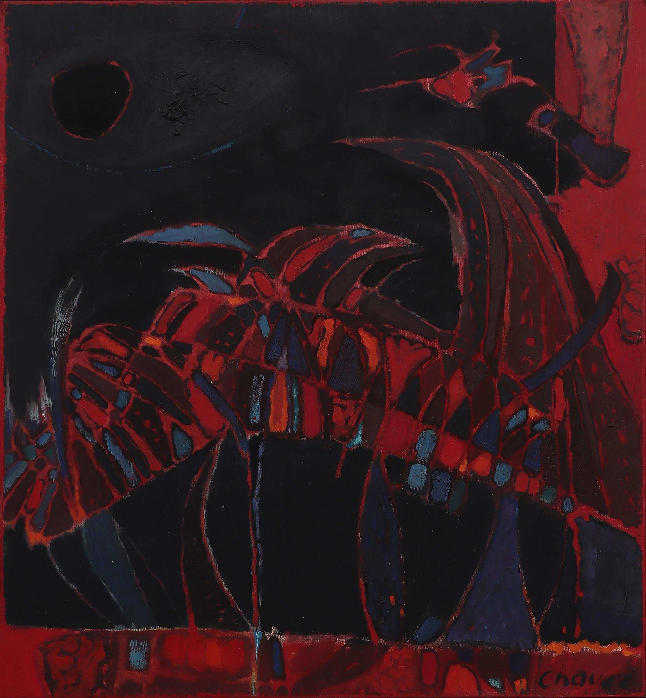 Abstraktes Ölgemälde mit Vogelmotiv von Edward Chavez, Schwarz, Rosa, Rot, Blau und Rot im Angebot 1
