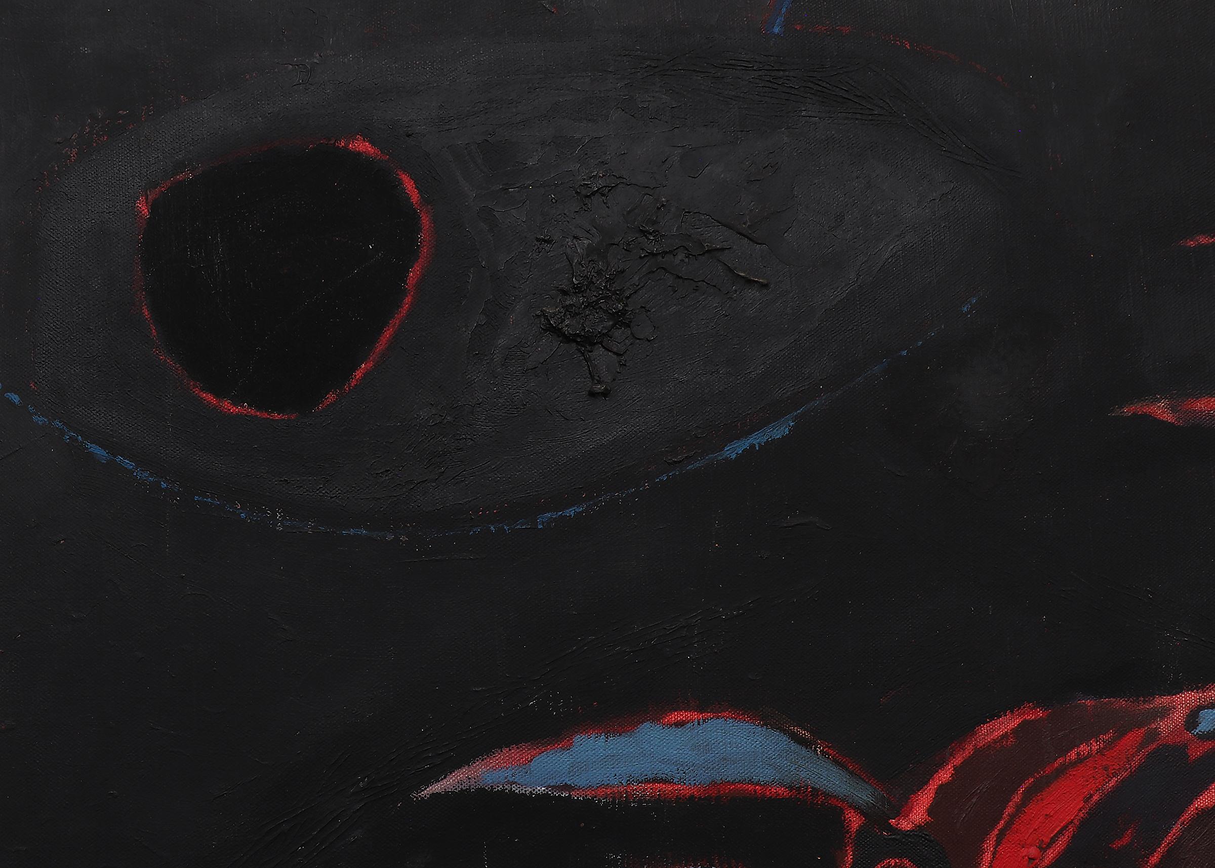 Pittura ad olio astratta della metà del secolo scorso con motivo di uccelli, nero rosa rosso blu - Painting Astratto di Edward Chavez