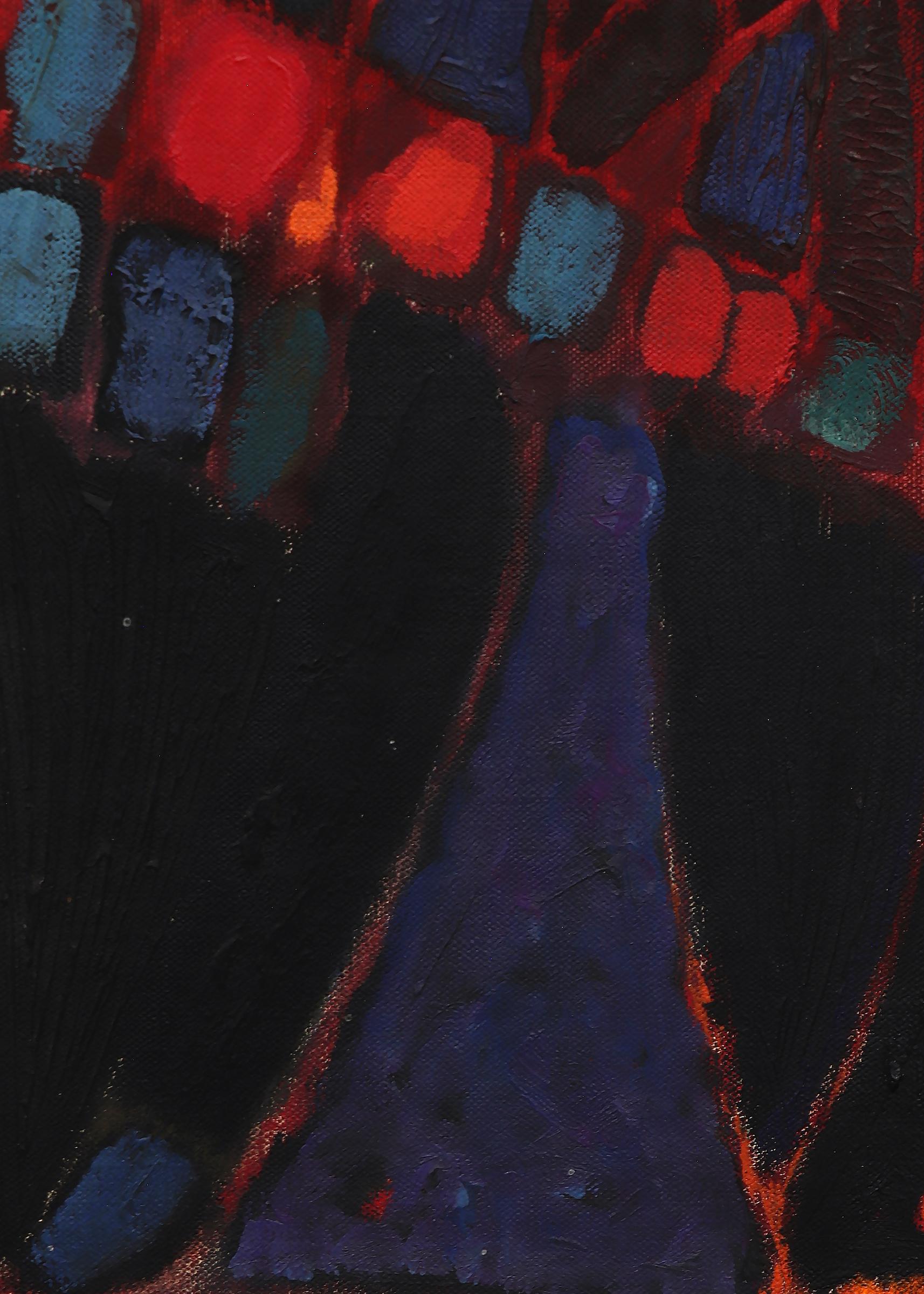 Oil on canvas abstract painting with a bird motif signed by artist Edward (Eduardo) Arcenio Chavez (1917-1995) circa 1980. Painted in red, blue, purple, orange, and black. Presented in a vintage frame measuring 30 ½ x 28 ½ inches, image size is 29 ¼