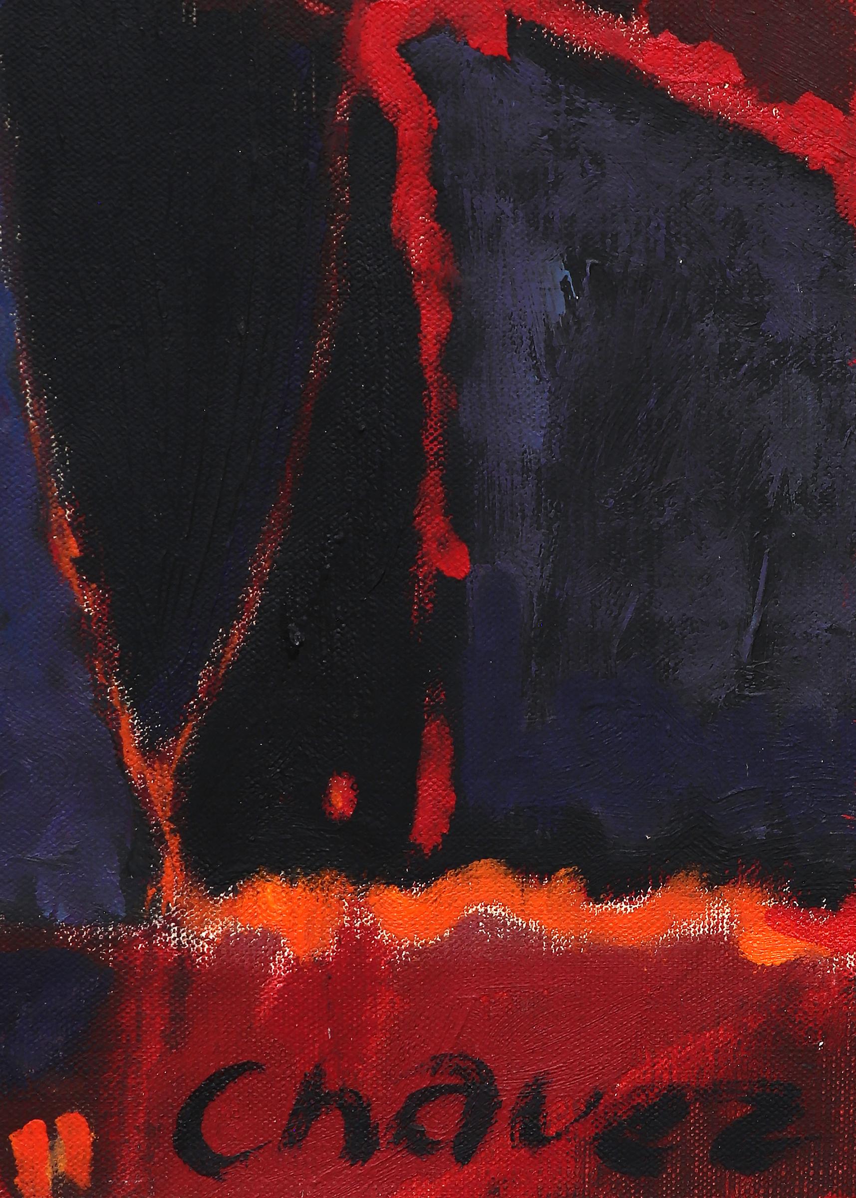 Peinture à l'huile abstraite avec un motif d'oiseau par Edward Chavez, noir rose rouge bleu en vente 4