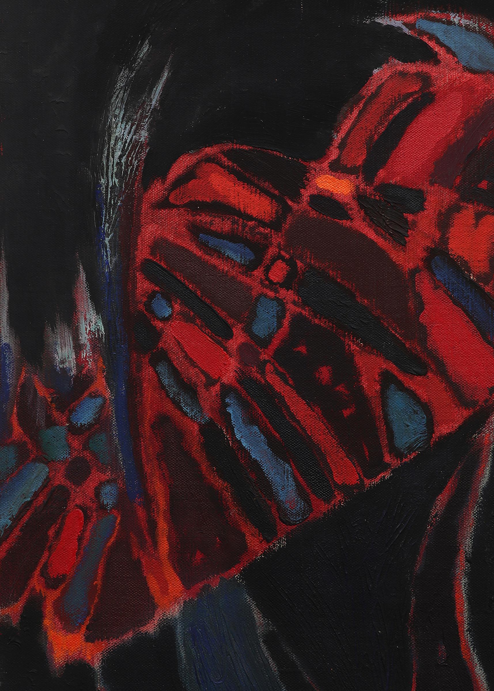 Peinture à l'huile abstraite avec un motif d'oiseau par Edward Chavez, noir rose rouge bleu en vente 7