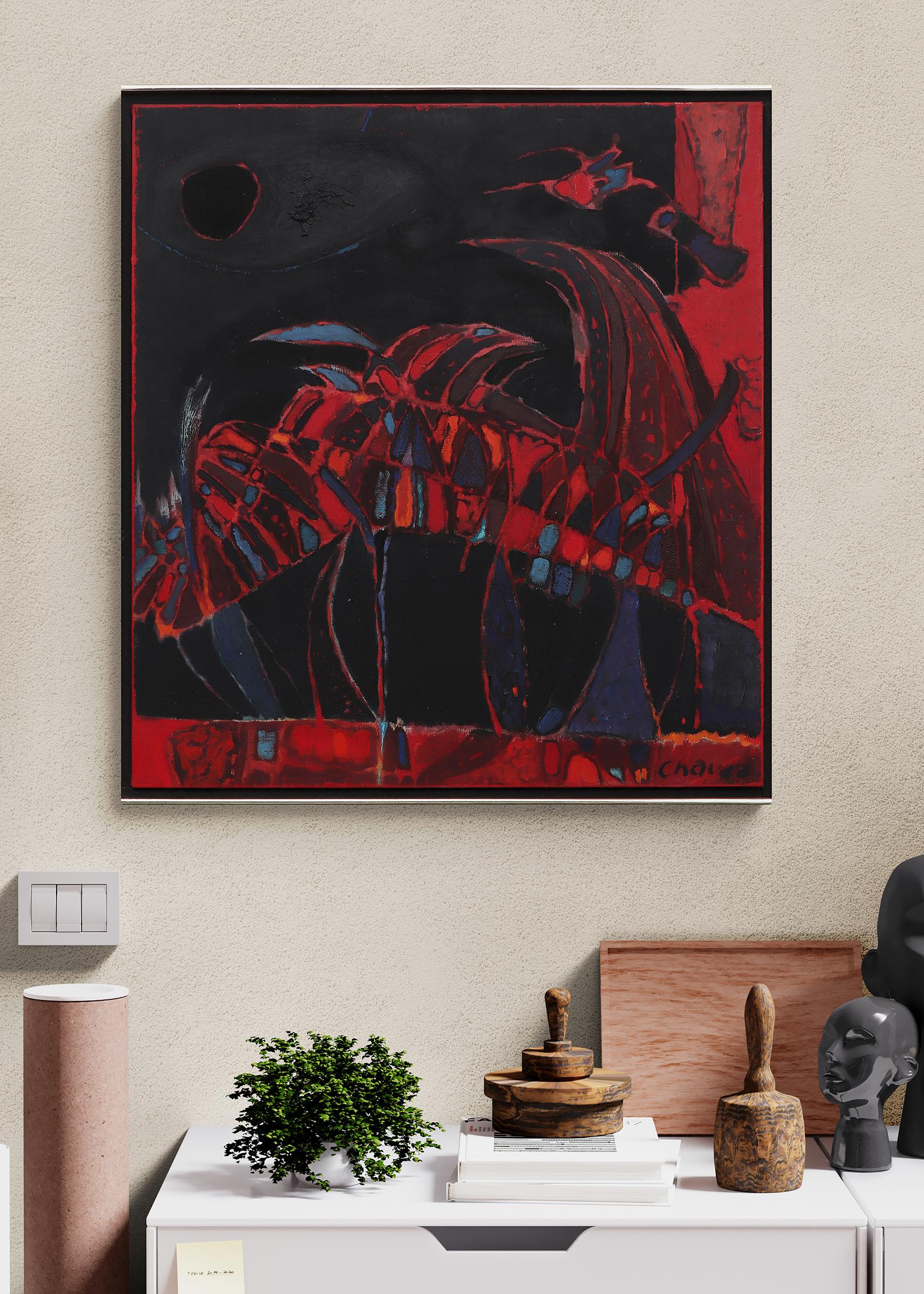 Pittura ad olio astratta della metà del secolo scorso con motivo di uccelli, nero rosa rosso blu in vendita 4