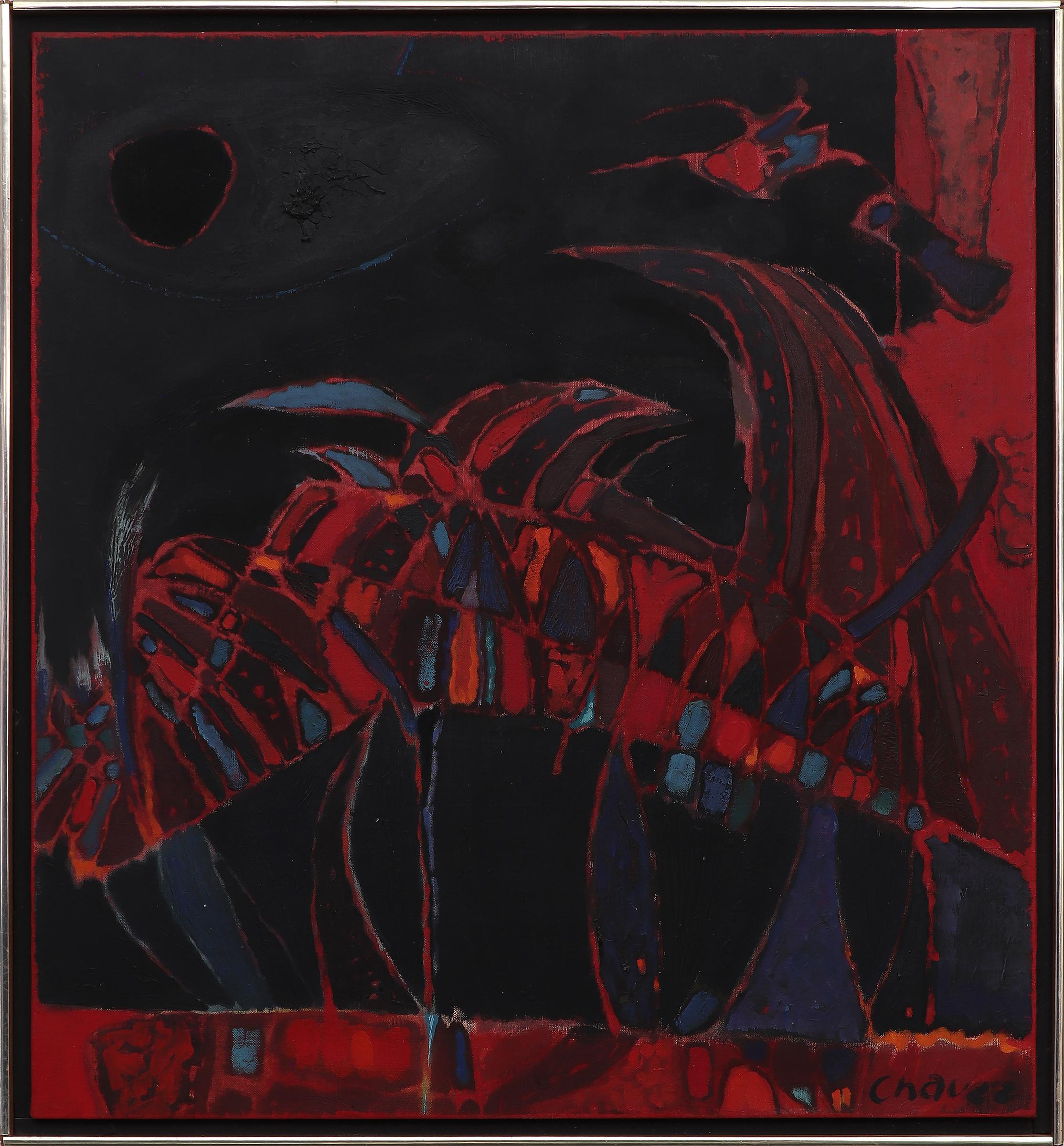 Peinture abstraite à l'huile sur toile avec un motif d'oiseau signée par l'artiste Edward (Eduardo) Arcenio Chavez (1917-1995) vers 1980. Peint en rouge, bleu, violet, orange et noir. Présenté dans un cadre vintage mesurant 30 ½ x 28 ½ pouces, la