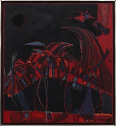 Abstraktes Ölgemälde mit Vogelmotiv von Edward Chavez, Schwarz, Rosa, Rot, Blau und Rot