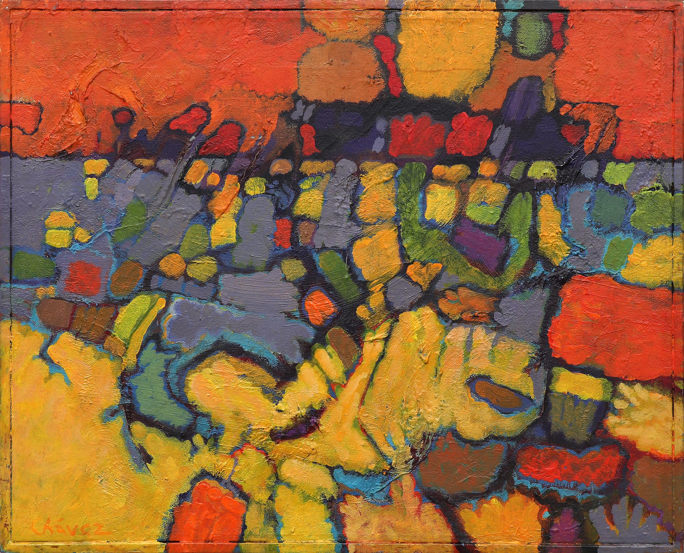 Mojave II, 1970s Abstract Acrylic Painting, Yellow Orange Purple Green Brown