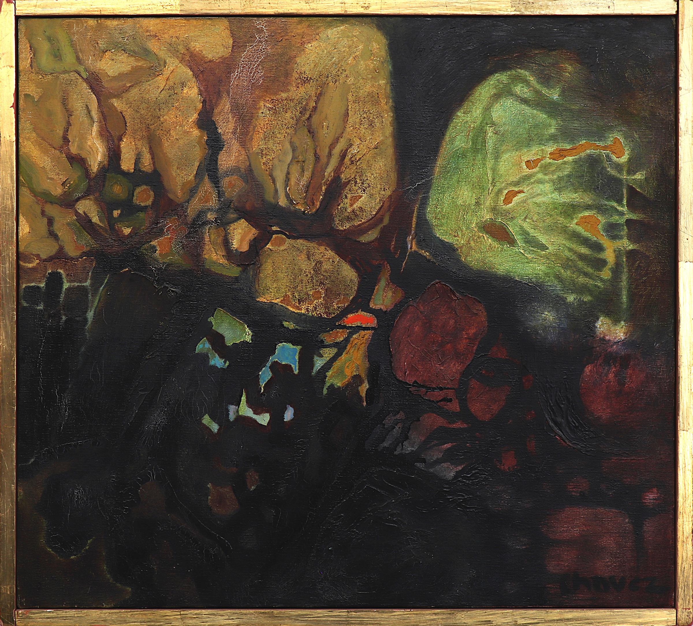 Abstract Painting di Edward Chavez - Paesaggio primordiale, pittura ad olio astratta originale firmata con tonalità Jewell