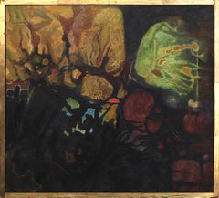 Primordial Landscape, Signed Original Abstract Oil Painting in Moody Jewel Tones