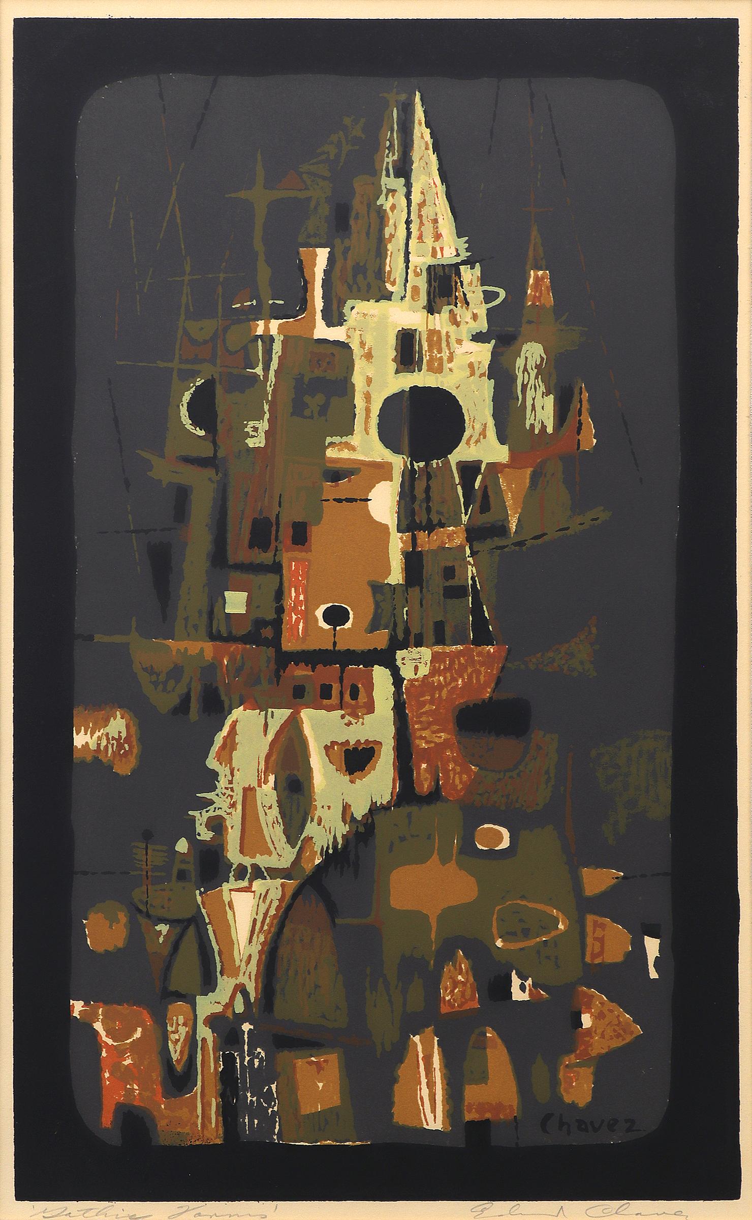 Tours gothiques, sérigraphie moderne abstraite des années 1950, orange, marron, vert - Print de Edward Chavez