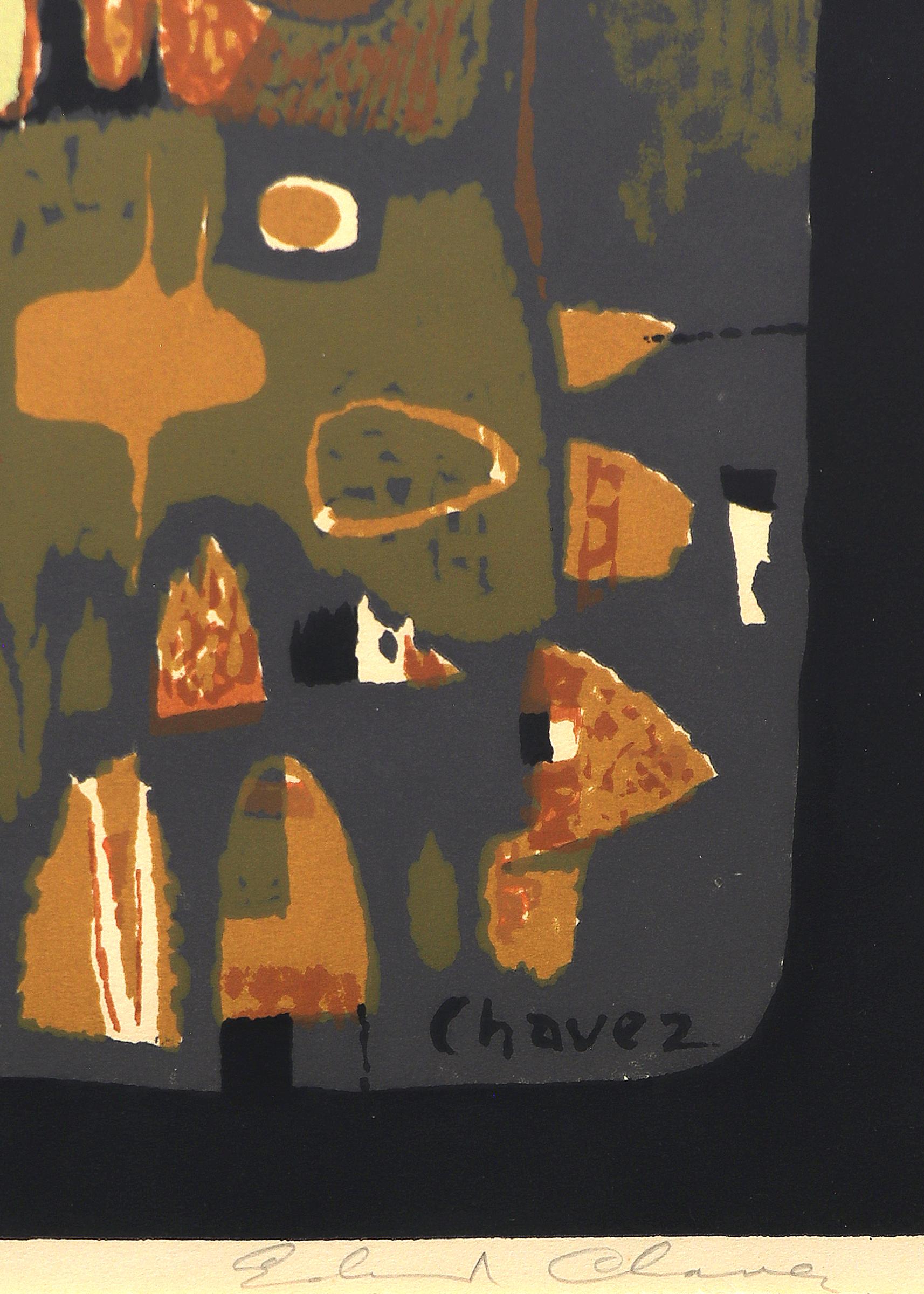Tours gothiques, sérigraphie moderne abstraite des années 1950, orange, marron, vert - Beige Abstract Print par Edward Chavez