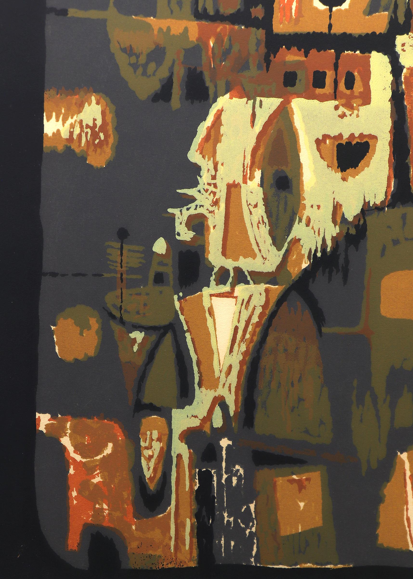 Tours gothiques, sérigraphie moderne abstraite des années 1950, orange, marron, vert en vente 1
