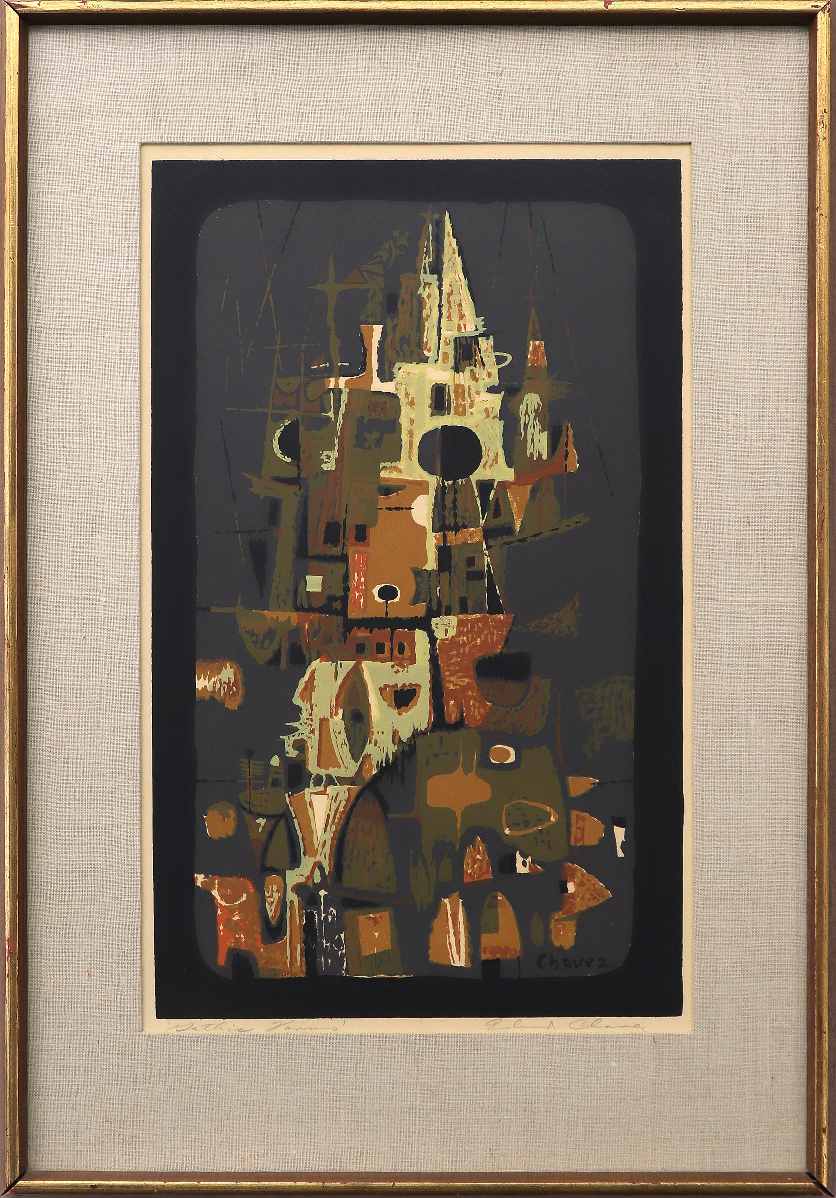 Edward Chavez Abstract Print - Gothic Towers, 1950s Abstract Modern Silkscreen Print, Orange, Brown, Green