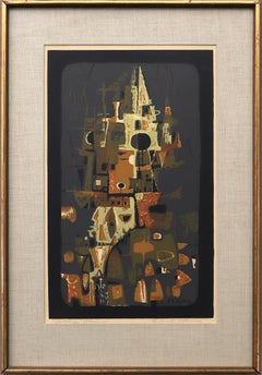 Gothic Towers, 1950s Abstract Modern Silkscreen Print, Orange, Brown, Green