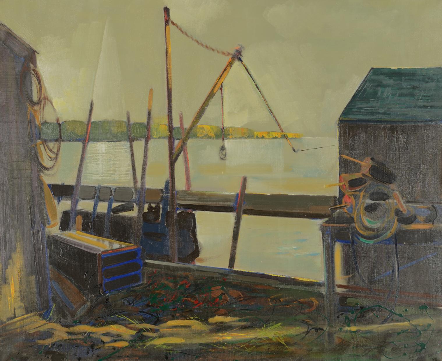A modernist coastal/dock scene by Edward Christiana. 

This painting is hand-signed "Edward Chrstiana '52" lower right.

Exhibited:
1946  Munson-Williams-Proctor Institute; 9th Annual Exhibition
2004  Jameson Gallery, Portland, Maine; Edward