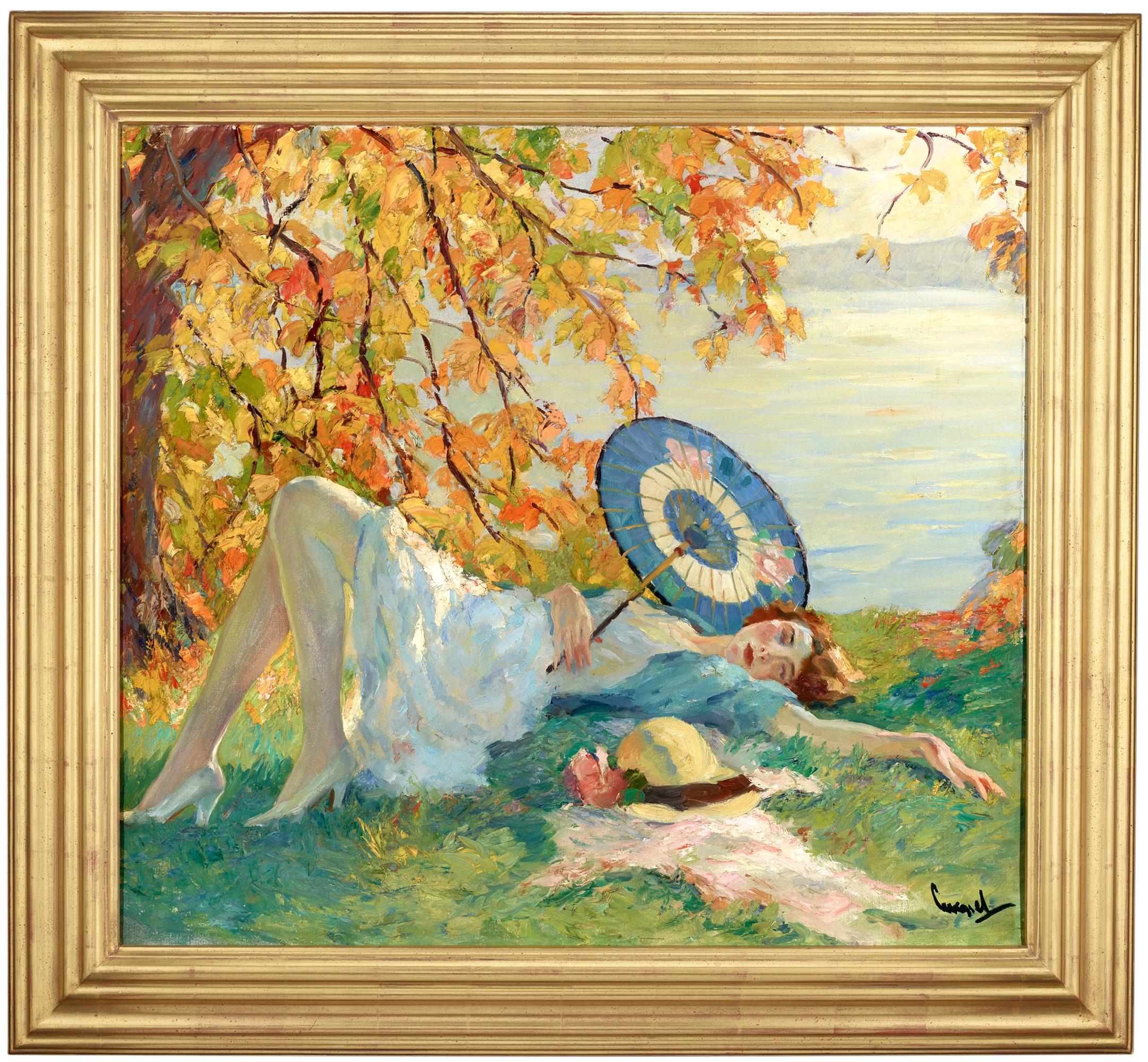 Woman Reclining by a Lake - Painting by Edward Cucuel