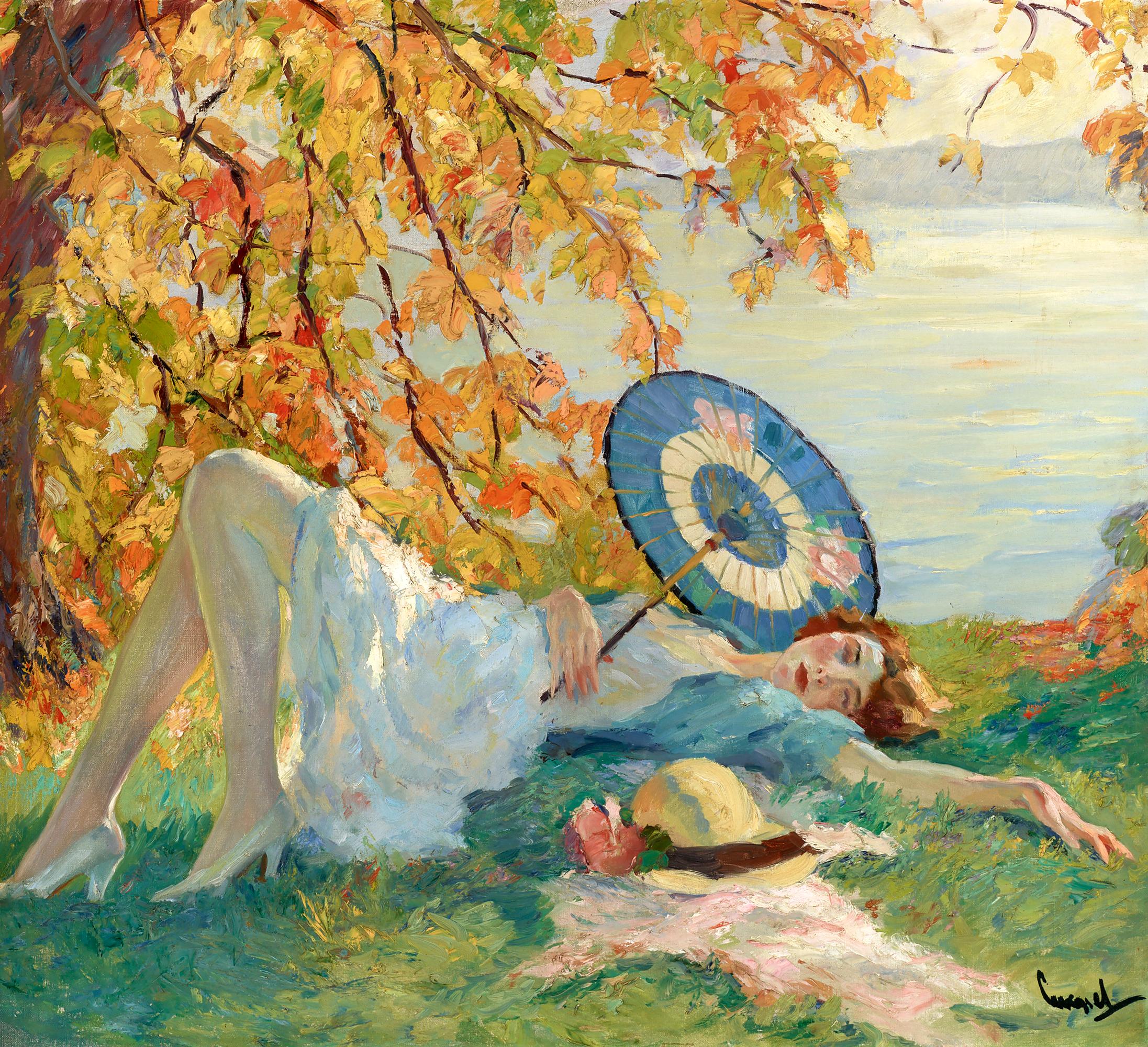 Edward Cucuel Portrait Painting - Woman Reclining by a Lake