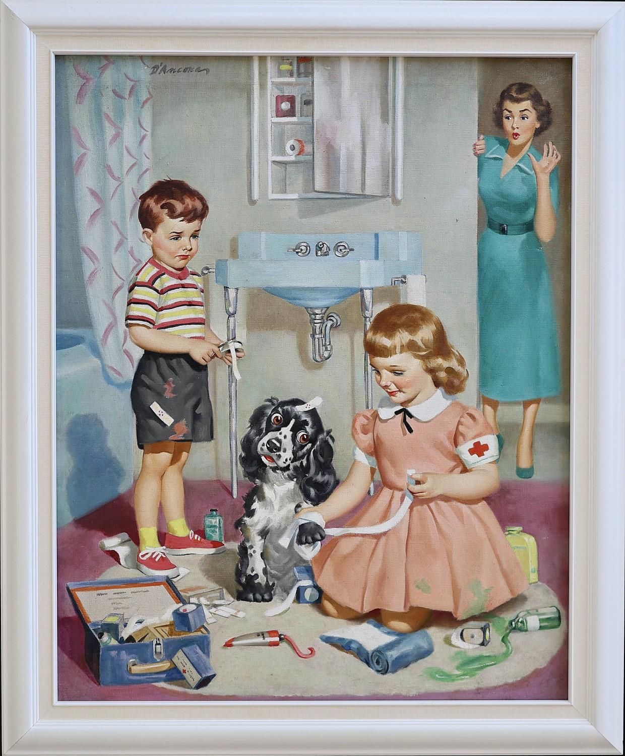 Des enfants jouent aux premiers secours avec un chien dans la salle de bains sous le regard surpris de leur mère.

Médium : Huile sur toile
Œuvre d'art : 30