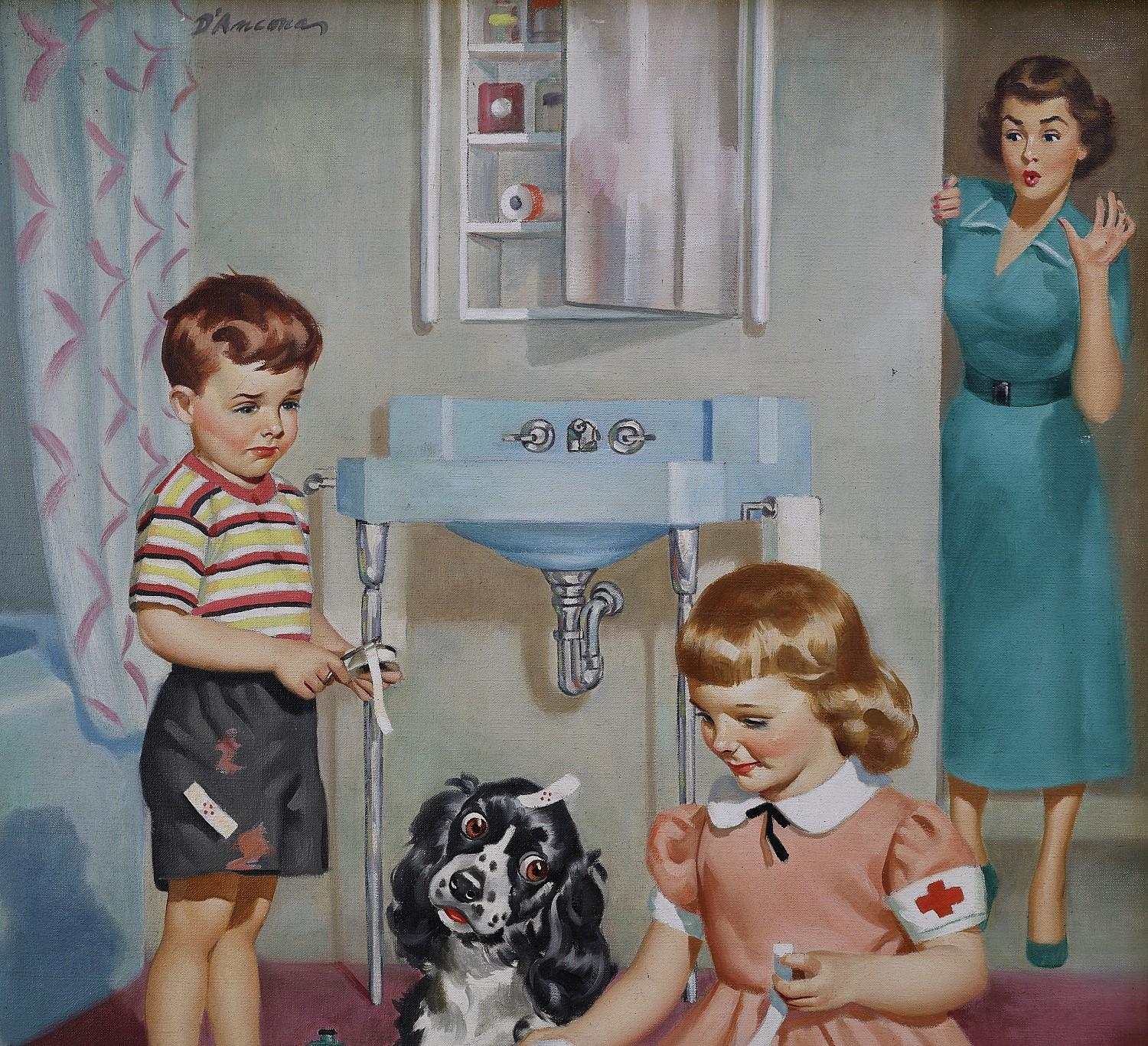 Enfants jouant aux premiers secours avec un chien sous le regard de leur mère, Calendrier Illustration en vente 1