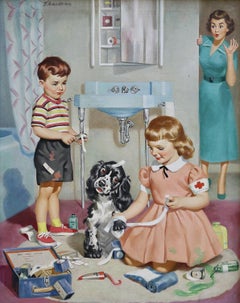 Kinder spielen Erste Hilfe mit einem Hund, während die Mutter zusieht, Kalenderillustration