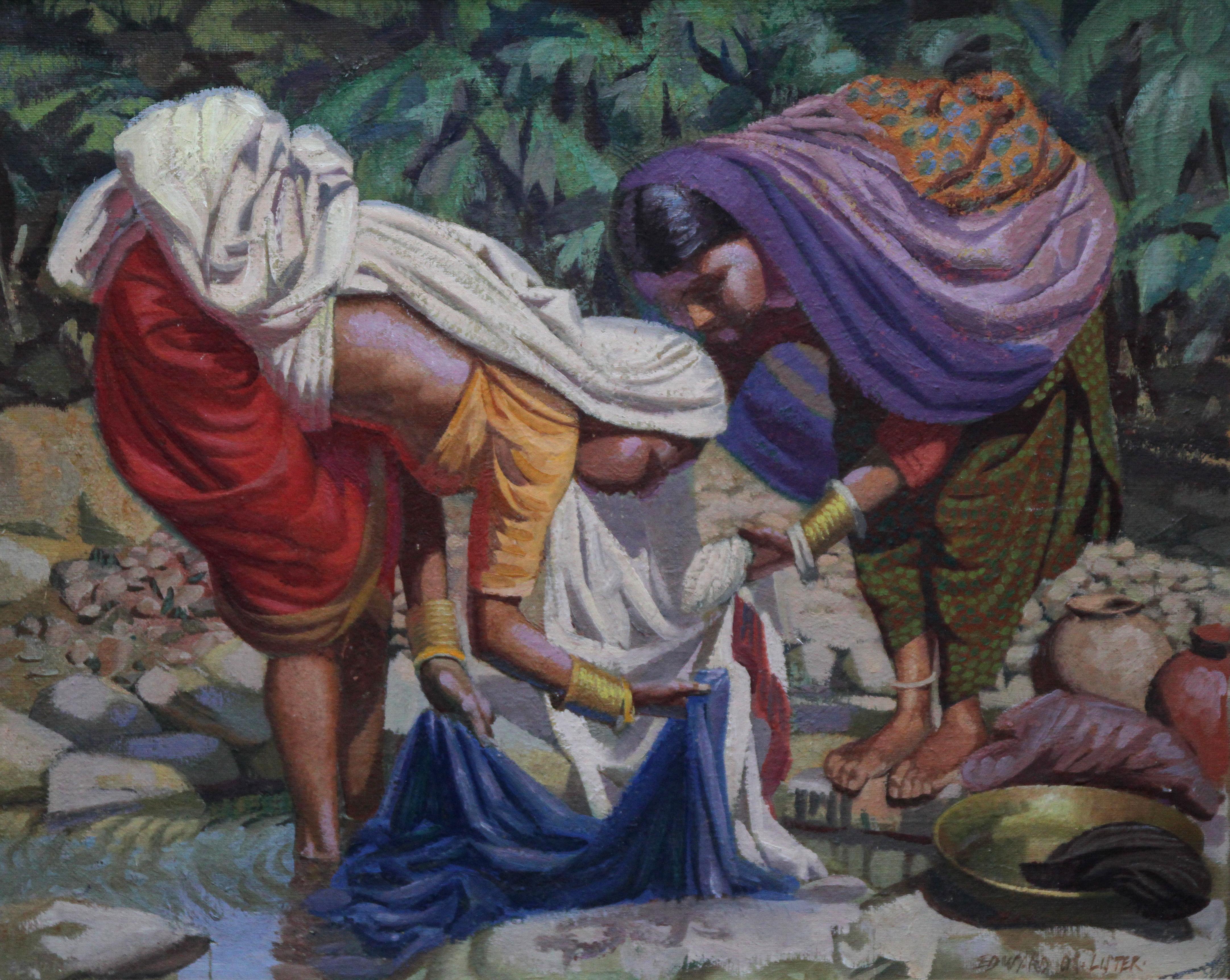 Wash Day - India - British 50's art Post Impressionist portrait oil painting  - Painting by Edward D'Arcy Lister