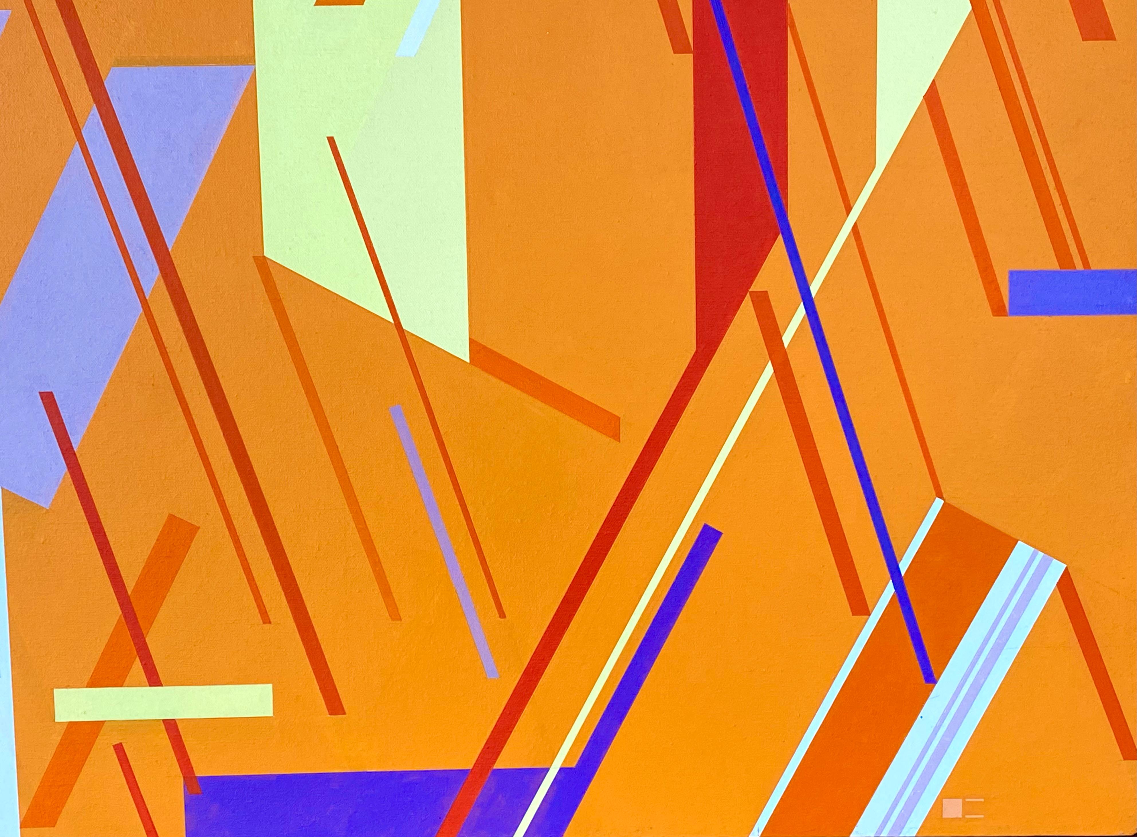 Hier ist ein lebhaftes abstraktes Bild des kalifornischen Künstlers Edward Darrell Crisp, das hauptsächlich in Orange mit gelben Highlights gehalten ist.  Signiert mit Künstlermonogramm unten rechts. Verso signiert mit einem Datum von 1984 mit einem