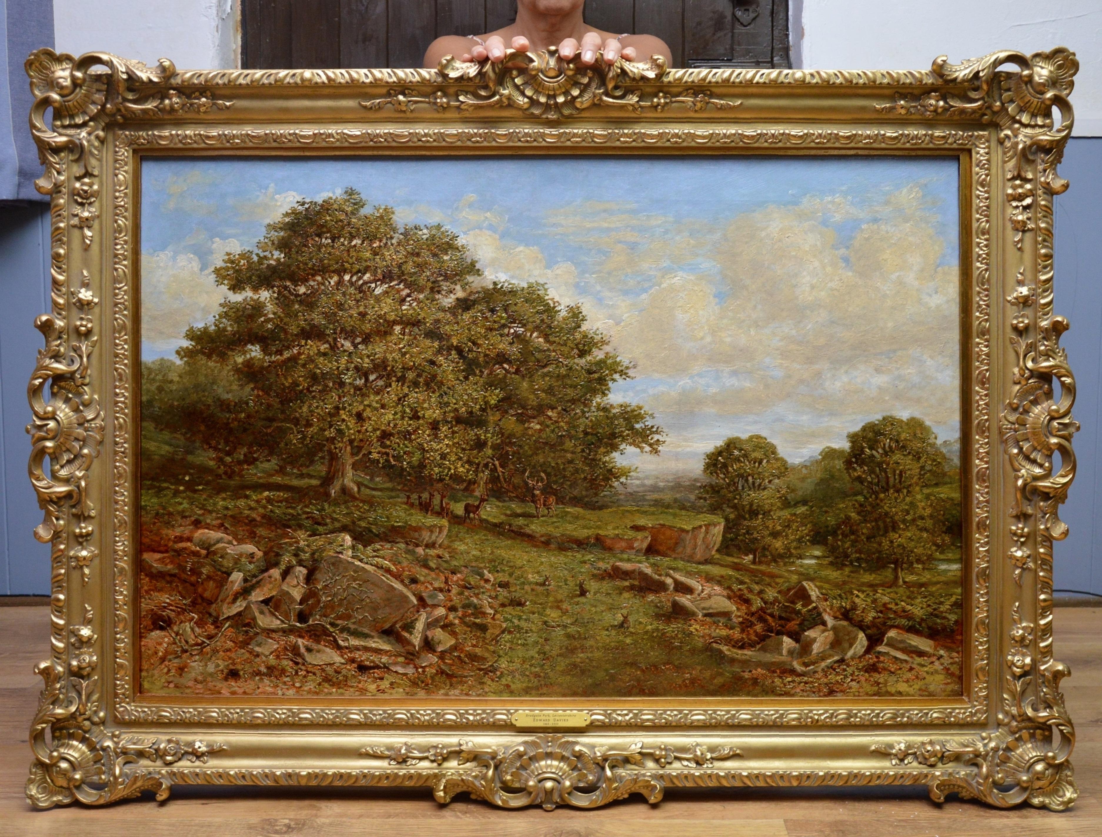 This is a fine large 19th century oil on canvas depicting family of dear and rabbits in an extensive English woodland landscape of ‘Bradgate Park, Leicestershire’ by the eminent Victorian painter Edward Davies (1843-1912). This was the very first