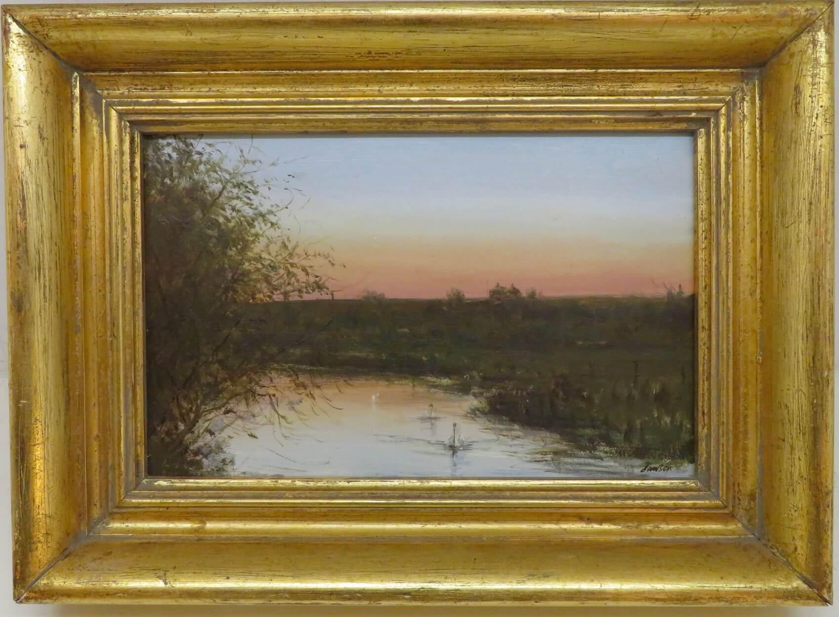 Landscape Painting Edward Dawson - Peinture à l'huile originale anglaise au coucher du soleil, c.C. 1980 "Evening Star The River Avon". 